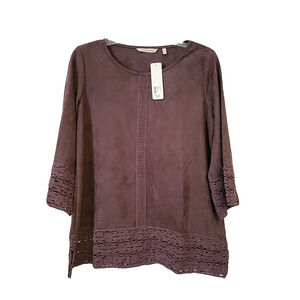 Soft Surroundings Susina Faux Suede Top Crochet Lace Trim Plum Purple SM NWT